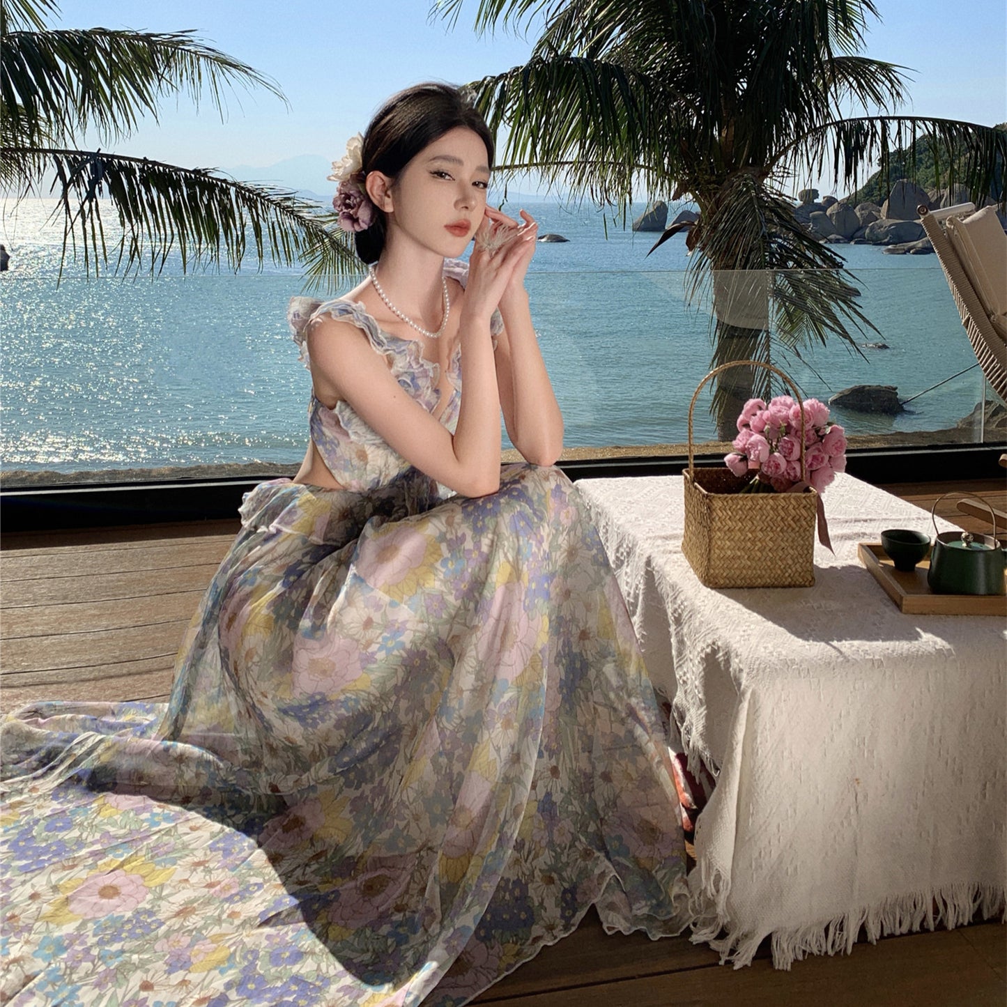 2025 coffee break summer dopamine print beautiful floral suspender dress women's seaside vacation dress beach dress