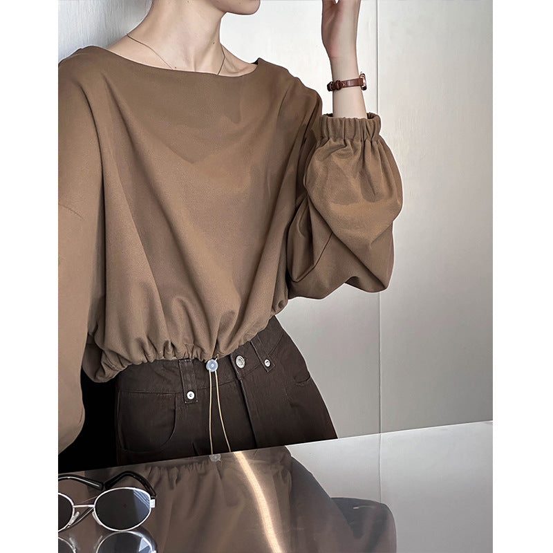 2025 Spring New Top Korean Solid Color Design Sense Drawstring Waist Long Sleeve Short T-Shirt 4525