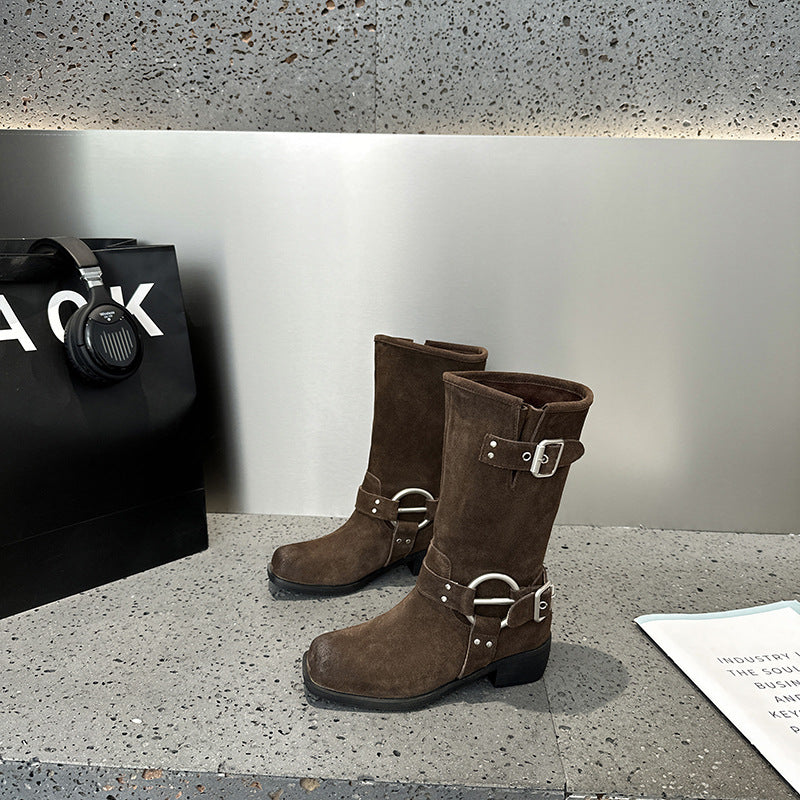 2025 Leather Cow Velvet Wasteland Boots Merad Western Cowboy Boots Khaki Belt Buckle Pile Boots