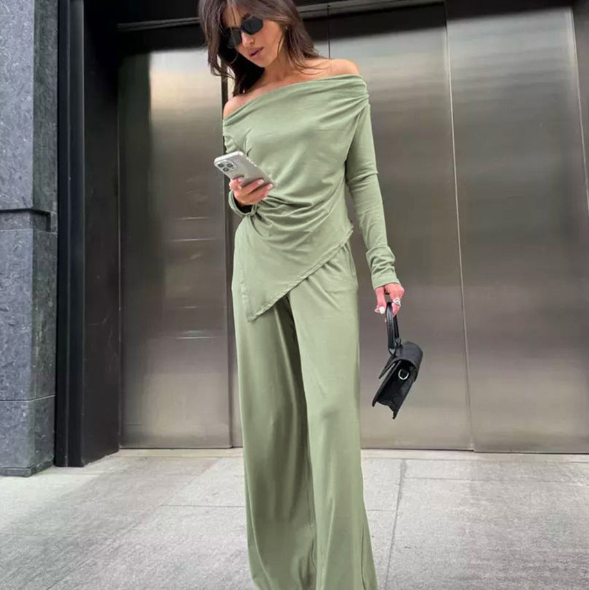 2025 Autumn and winter high-end gray knitted fashion temperament one-word collar long-sleeved high-waisted wide-legged pants commuter casual suit