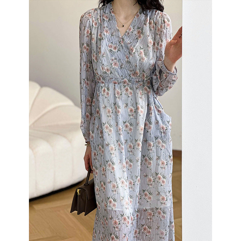 2025 2025 spring new Korean loose V-neck drawstring waist design long floral dress 2303