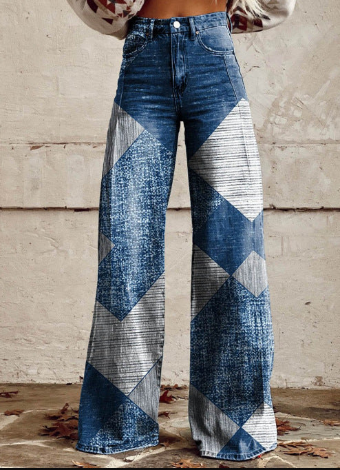 qgtao pants Rainbow Women's Wide-Leg Pants New Thermal Transfer plus Size Flared Pants Women's Trousers