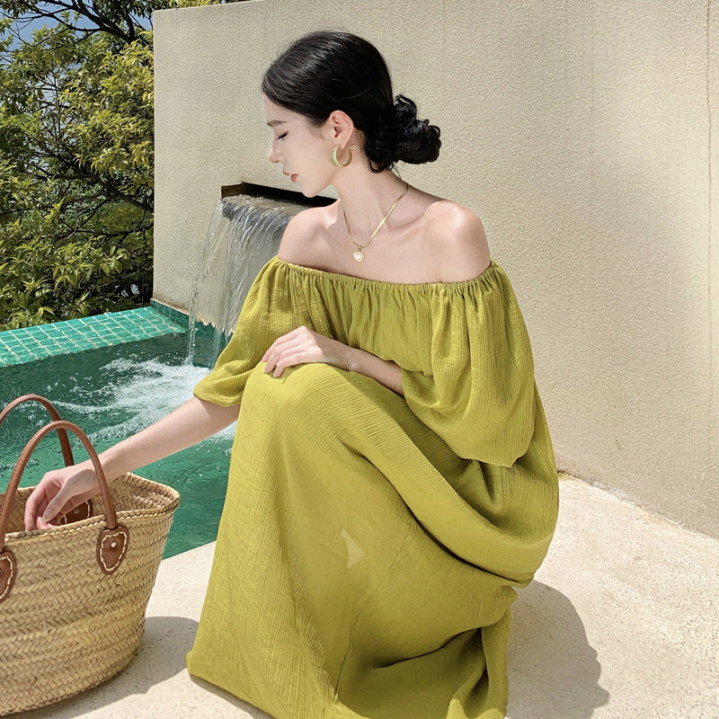 2025 One-word shoulder tube top dress women's summer coffee break bubble sleeves loose and thin seaside vacation fairy long dress