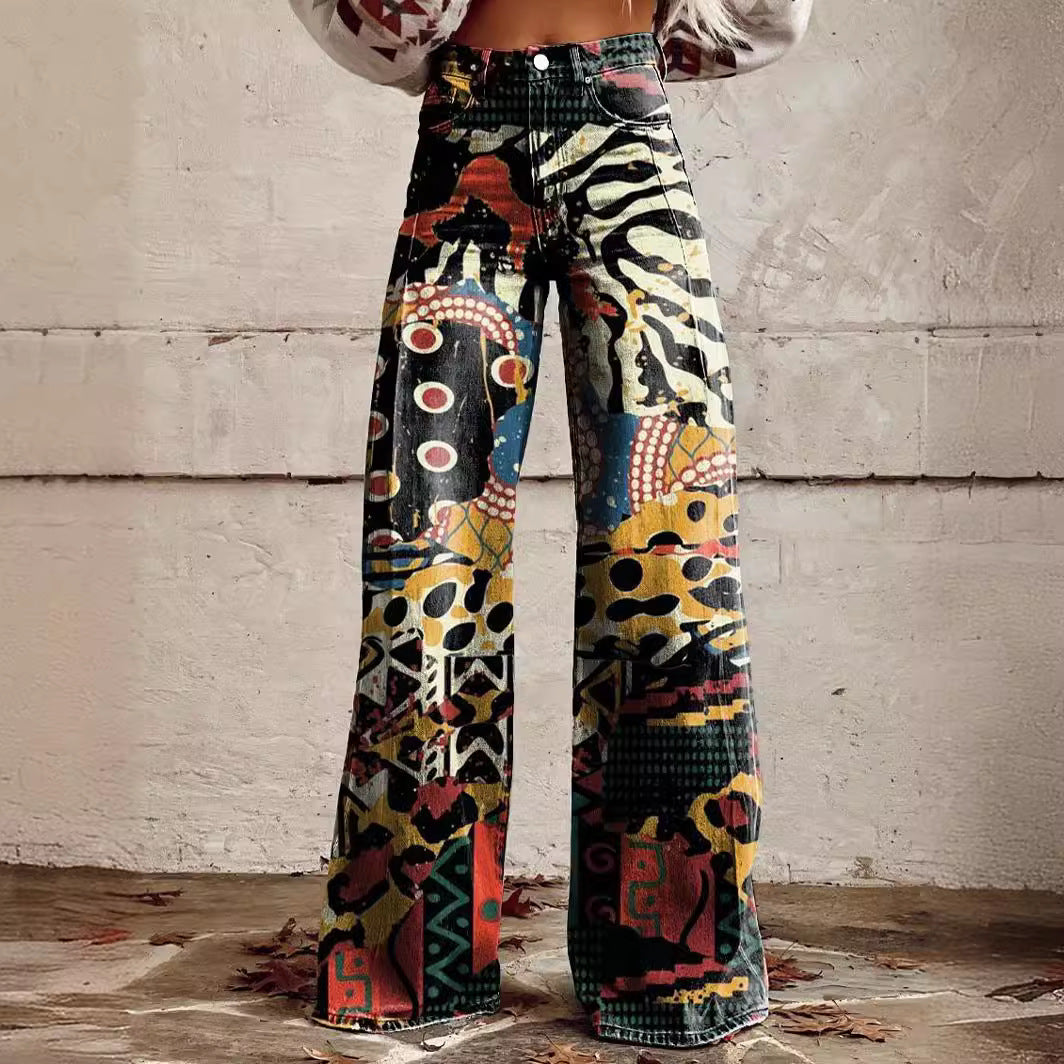 qgtao pants Rainbow Women's Wide-Leg Pants New Thermal Transfer plus Size Flared Pants Women's Trousers