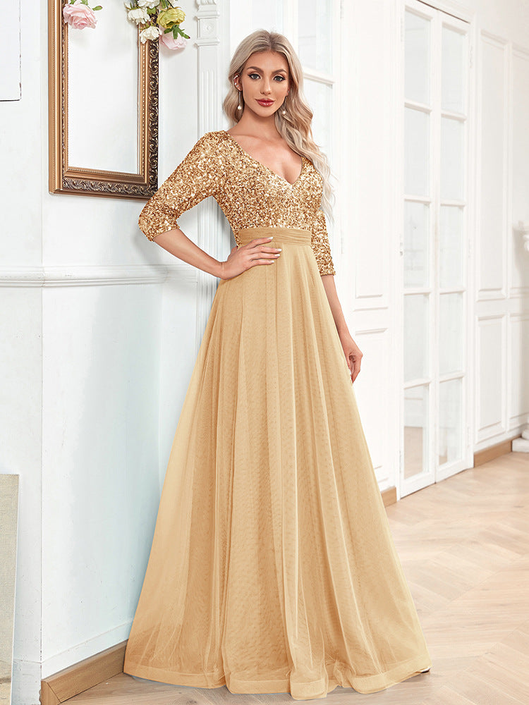 2025new V-neck short-sleeved sequined tulle A-word landing elegant dance evening dress fashion party dress