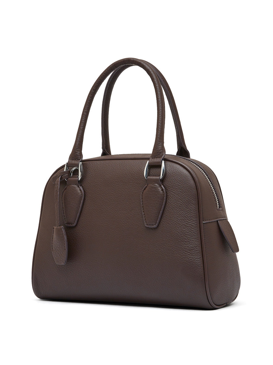 2025 Premium leather popular new women's bag large capacity first layer cowhide handbag Boston bowling pillow bag