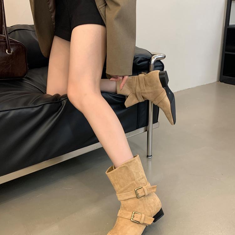 2025 popular new autumn Korean version suede belt buckle short boots thick heel mid heel boots brown western cowboy boots