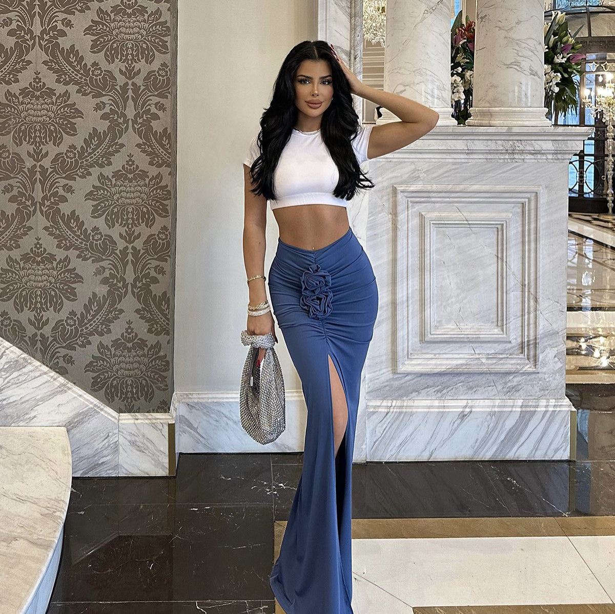 qgtao classy demure mindful dress to impress 2024 Socialite Summer High-Grade Solid Color Slim-Fit Three-Dimensional Flower Split Draping Belly-Covering Skirt