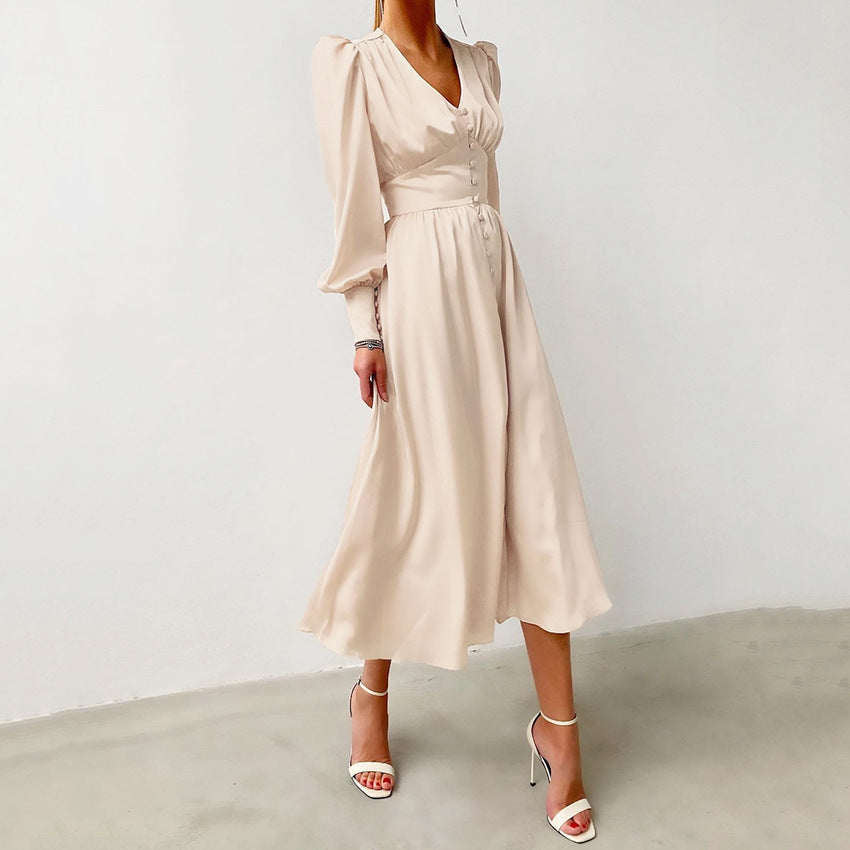 2025 spring new satin dress women's design lantern sleeves waist thin temperament slim dress