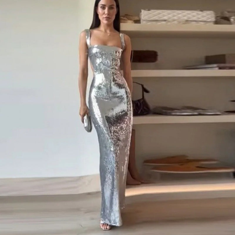 qgtao birthday outfit Fashionable Women's Sling Backless Sequined Long Dress