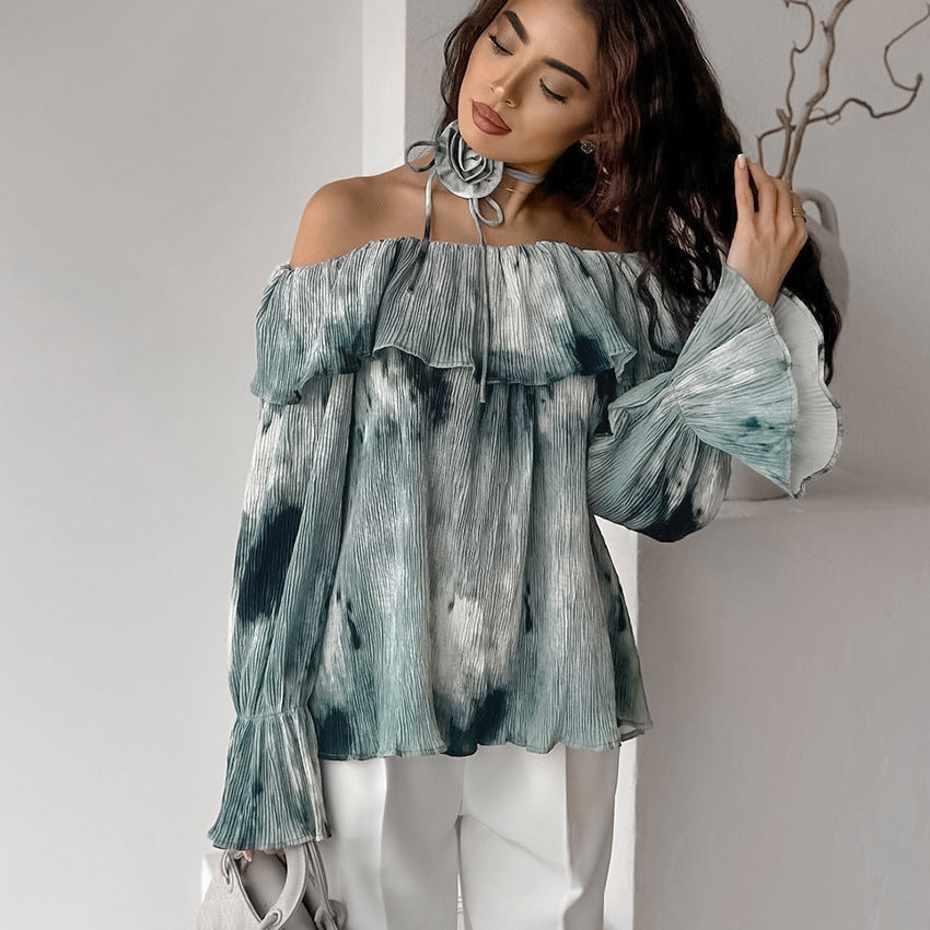 2025 Spring and summer fashion national style flower casual printing crepe one-word collar shirt lace-up loose horn sleeve top