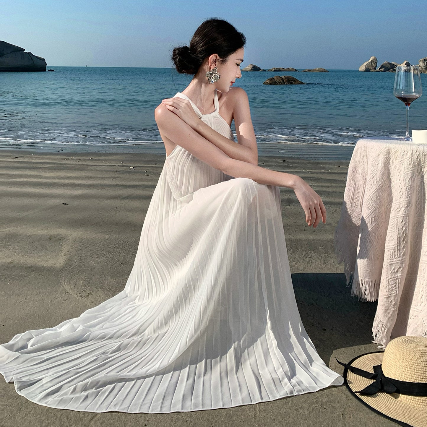 2025 holiday style elegant white pleated A word sleeveless neck dress women's summer seaside photo long skirt