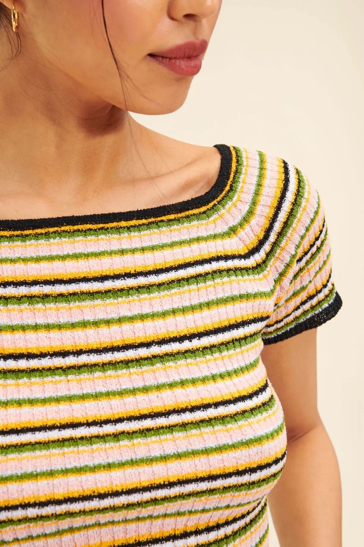 2025 RO knitted short-sleeved t-shirt high quality classic striped round neck knitted short-sleeved short t-shirt women's top women's summer thin