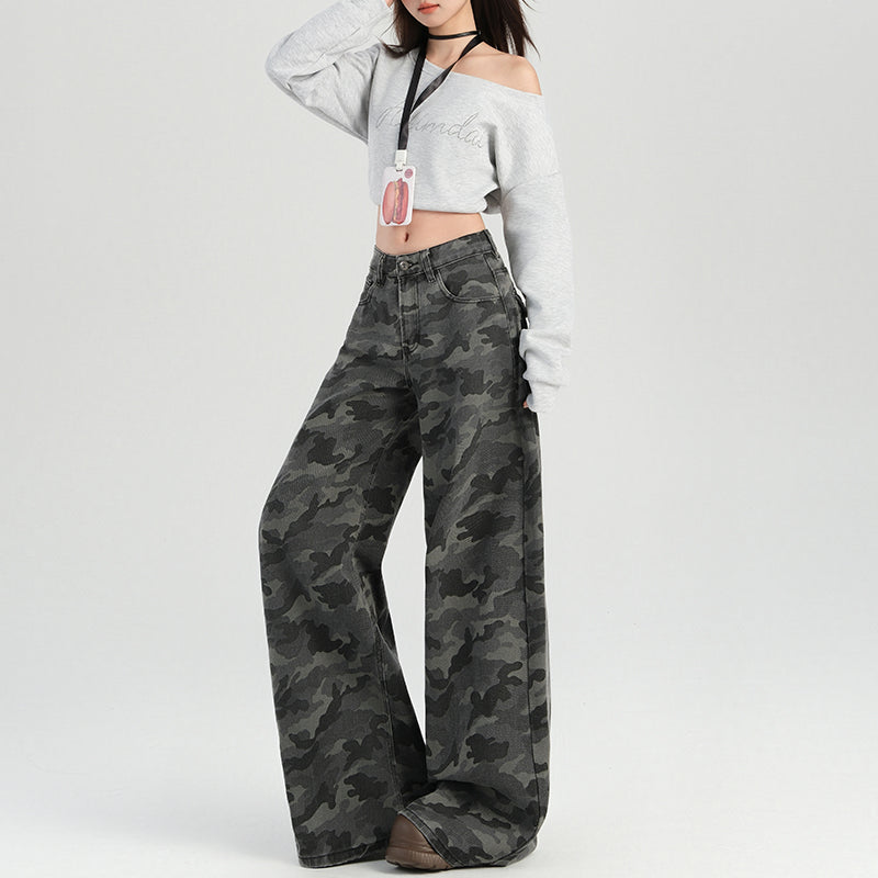 2025 n high street tooling wide-leg camouflage jeans women's autumn retro high-waisted loose and thin straight casual pants