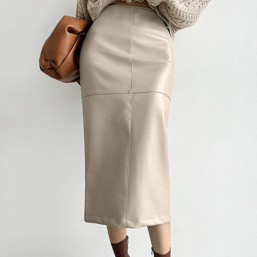 2025 Autumn and winter retro classic khaki velvet matte temperament thin PU leather high waist casual split skirt women