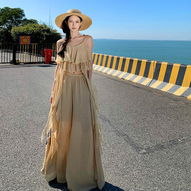 2025 Niche design seaside vacation suit wear women's summer lotus leaf edge streamer vest loose wide-leg pants two-piece set
