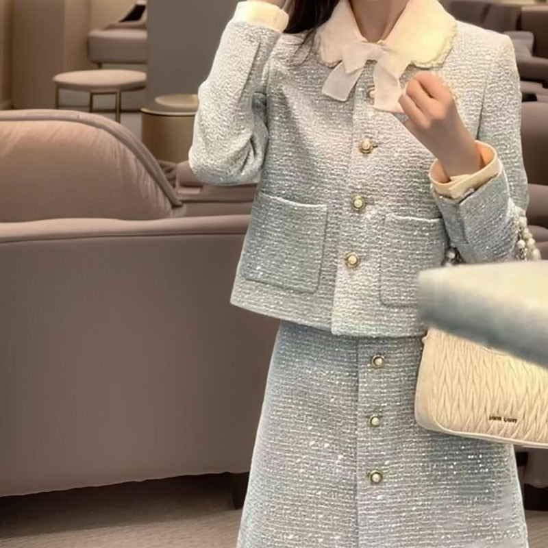 celebrity style milk blue fashion temperament small small man looking thin A word skirt autumn and winter J8009