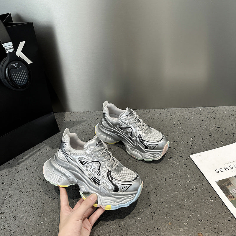 2025 Leather platform dad shoes women's popular autumn new Korean version breathable and versatile, light and non-slip casual sports shoes tide
