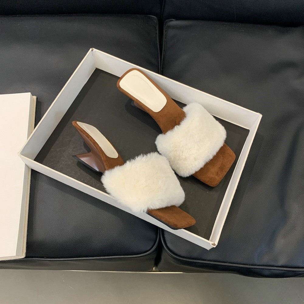 2025 Gentle wind slope heel fluffy slippers female popular autumn and winter height increase fairy with skirt cotton slippers