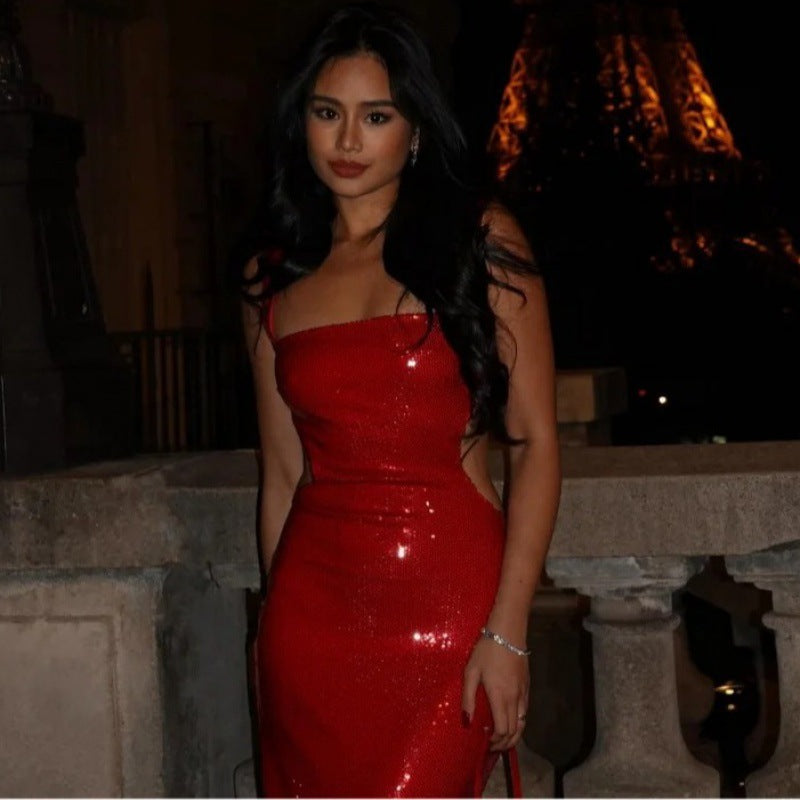 qgtao birthday outfit Fashionable Women's Sling Backless Sequined Long Dress