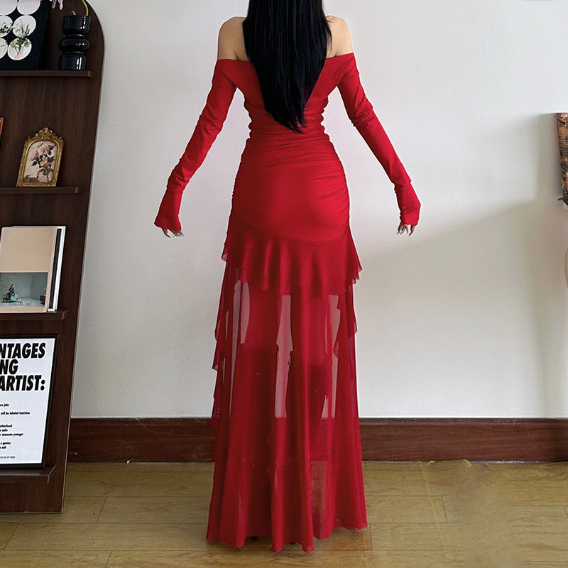 2025 style popular winter new women's clothing one-word collar off-shoulder slim-fitting waist solid color long-sleeved dress
