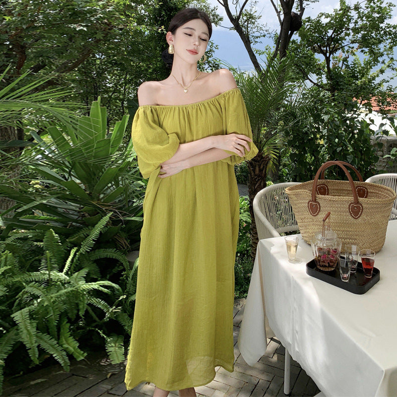 2025 One-word shoulder tube top dress women's summer coffee break bubble sleeves loose and thin seaside vacation fairy long dress