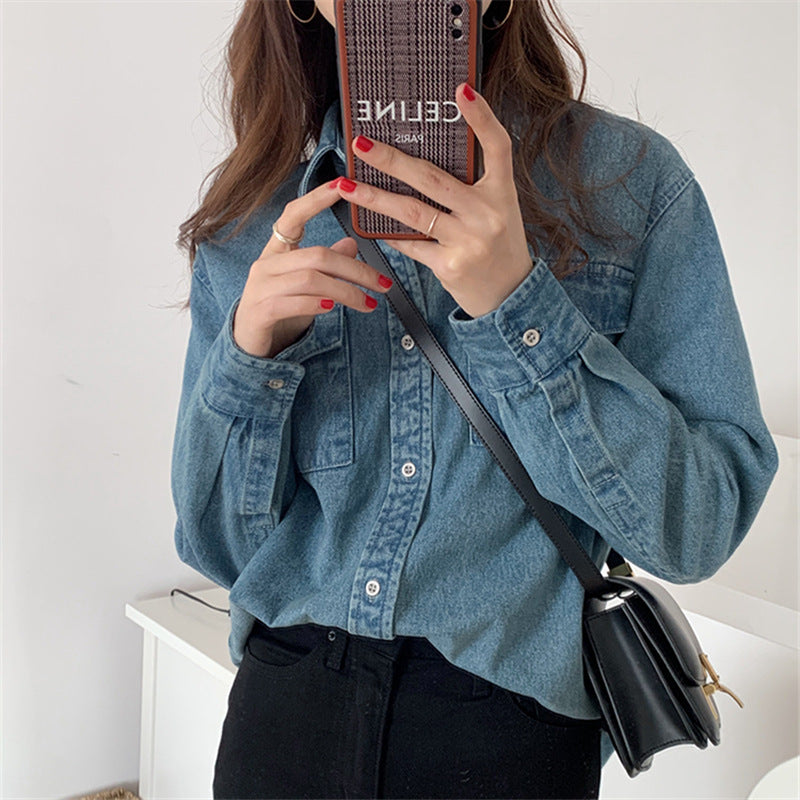 Korean version of denim shirt women's stacked wear long sleeves 2025 new loose top with Tencel shirt inside early autumn thin coat