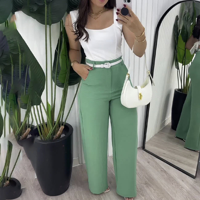 qgtao business casual women outfits chic Solid Color Square Collar Sling Simple Elegant Top with High Waist Wide Leg Straight Trousers Two-Piece Set