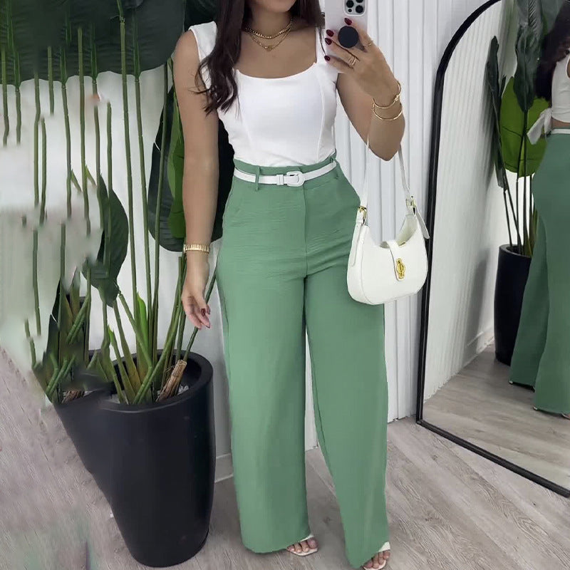 qgtao business casual women outfits chic Solid Color Square Collar Sling Simple Elegant Top with High Waist Wide Leg Straight Trousers Two-Piece Set
