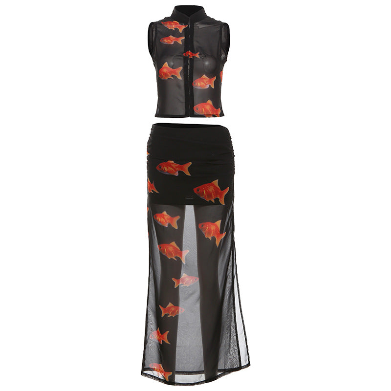 qgtao dti outfits 2024 Style Summer New Women's Solid Color Slim Sleeveless Top Fashion Low Waist Skirt Suit