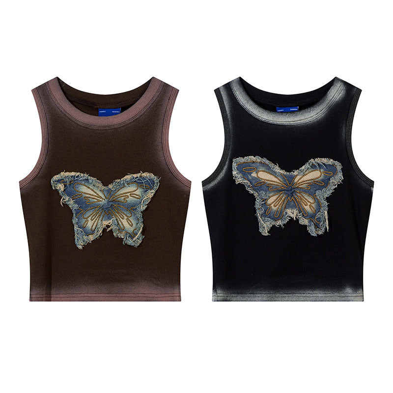 qgtao 2000s fashion Tkpa American Hot Girl Style U-Neck Camisole Women's Summer Butterfly Patch Embroidered Retro Vest