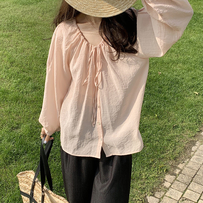 2025 2025 thin sunscreen shirt Korean temperament loose sweet strap design top 23060