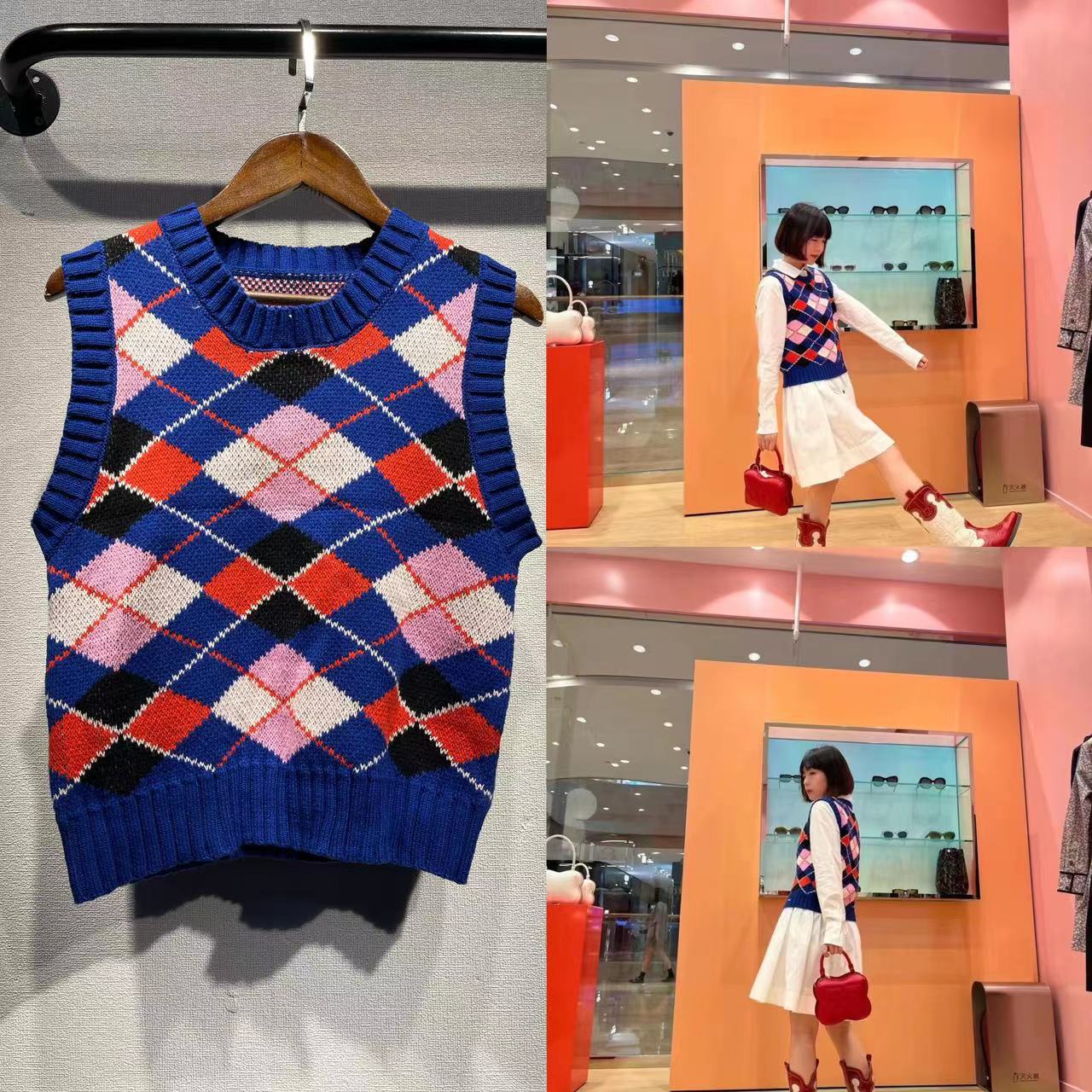 2025 Sapphire blue rhombus letter embroidery crew neck knitted vest vest vest women's college style vest sweater women's Korean version