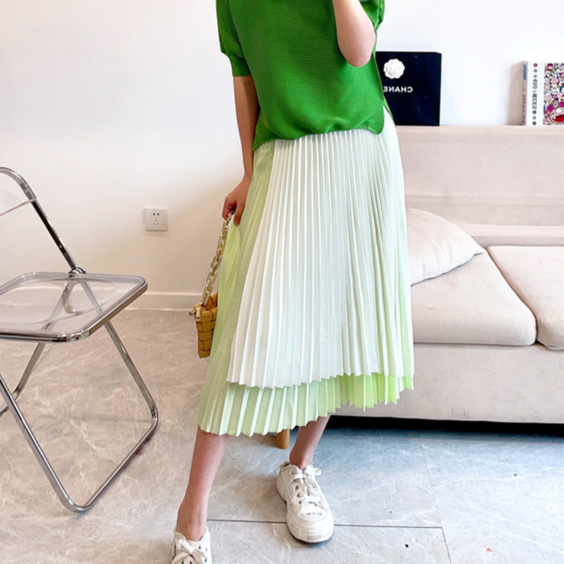 versatile a-word thin skirt women's spring and summer fashion high-end contrasting colors irregular pleated umbrella skirt pleated skirt