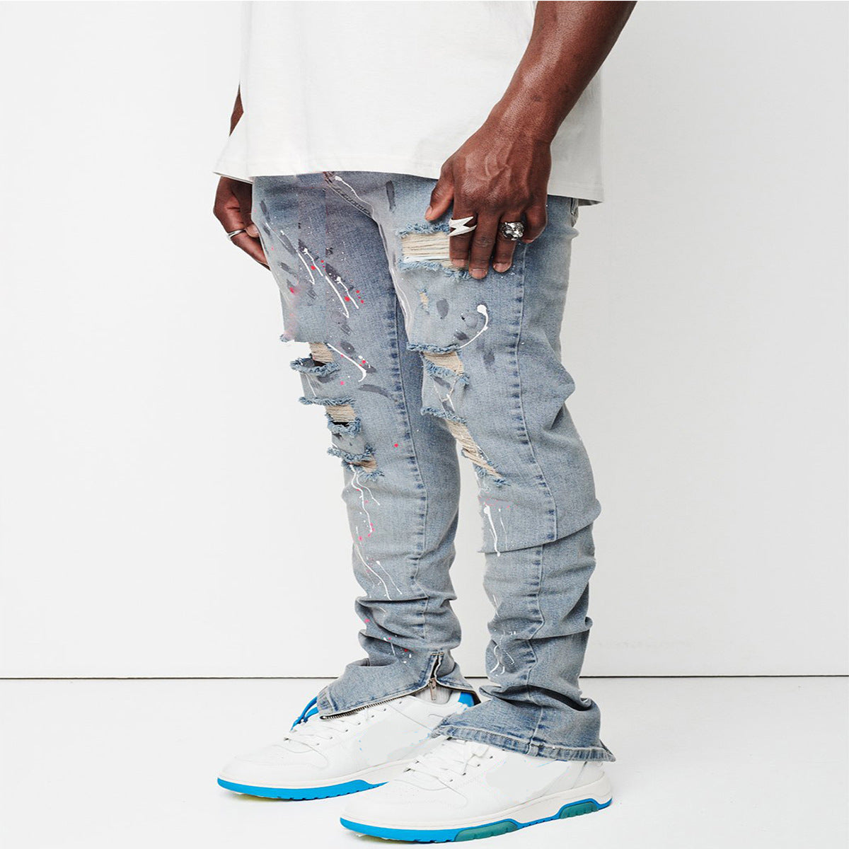 2025 Wish 2025 new men's slim-fitting ripped pants new men's paint jeans factory direct sales