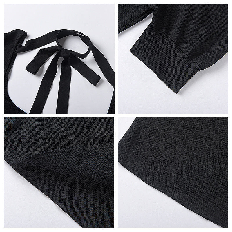 Hepburn style black neck-hanging knitted sweater for women, autumn and winter, small man, slim and thin shirt, short fashion top for women