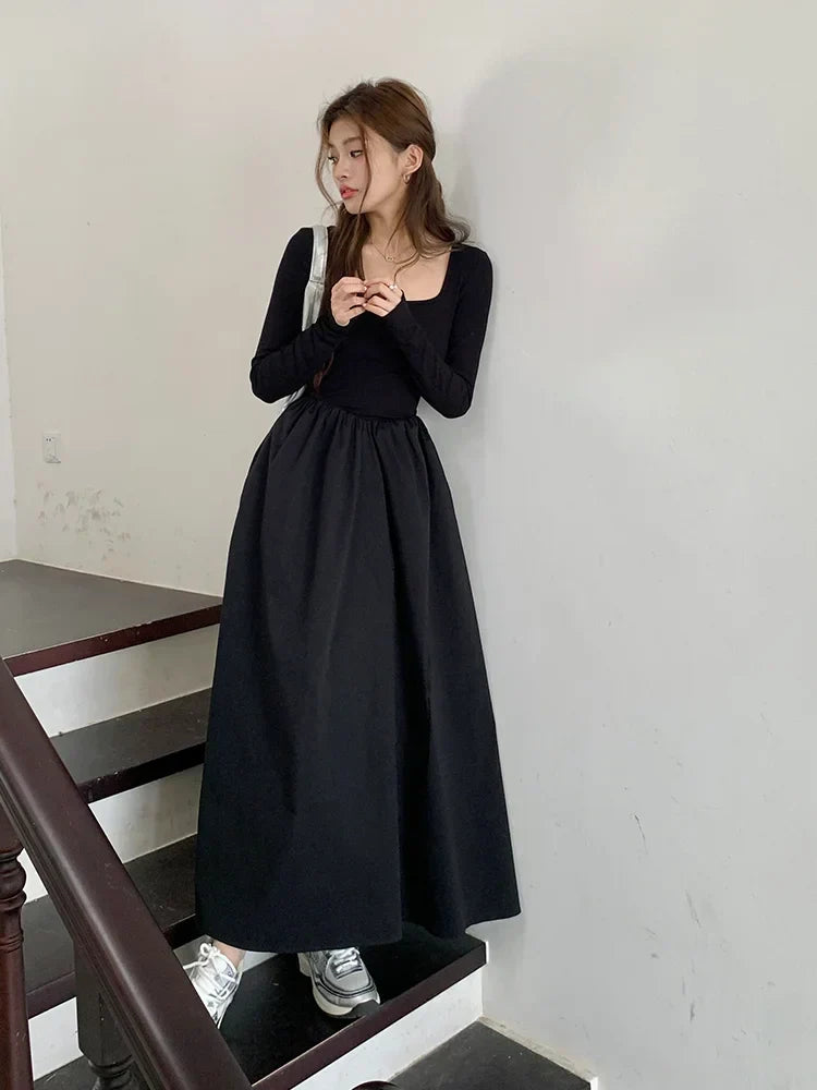 qgtao-New Autumn Fashion Elegant Black Midi Dress for Women Long Sleeve Square Neck Simple Solid Vintage Chic Ladies Dresses Korean