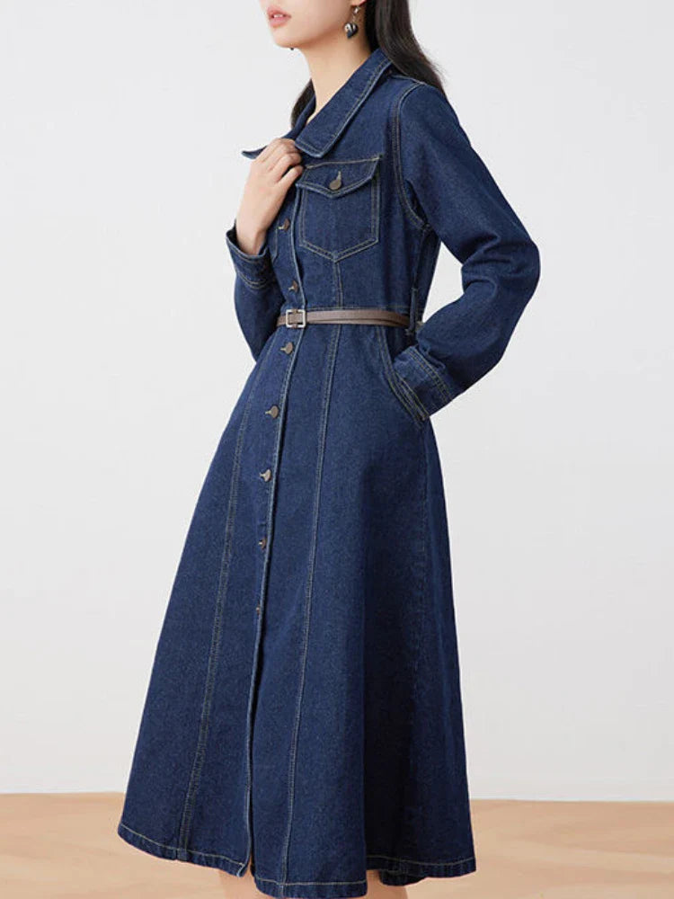 qgtao Autumn Winter Casual Women Lapel Single Breasted Denim Dress Vintage Lady Empire Slim A-line Midi Dress with Belt