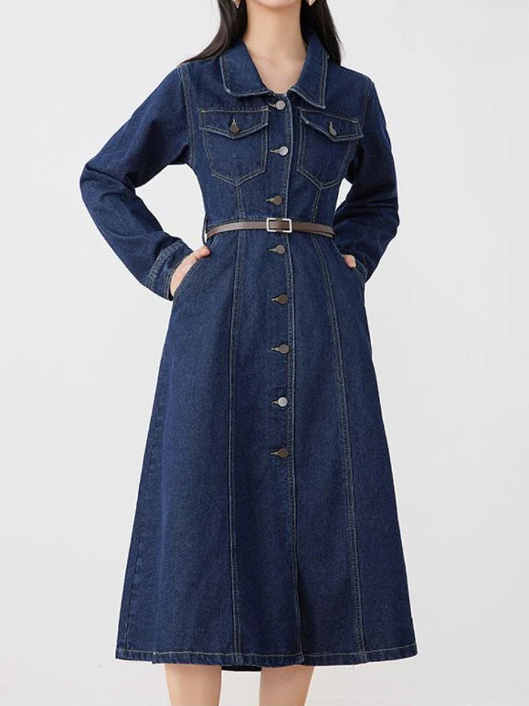 qgtao Autumn Winter Casual Women Lapel Single Breasted Denim Dress Vintage Lady Empire Slim A-line Midi Dress with Belt