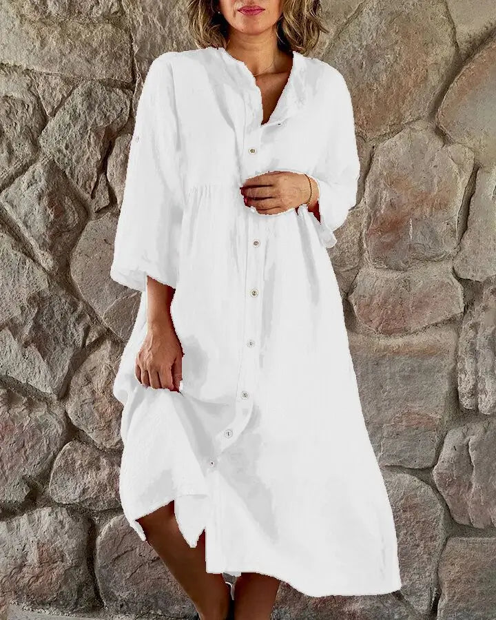 qgtao Fashion Casual Cotton Linen Midi Dress Women 2024 Summer White Loose Beach Buttons Maxi Dresses For Women Plus Size