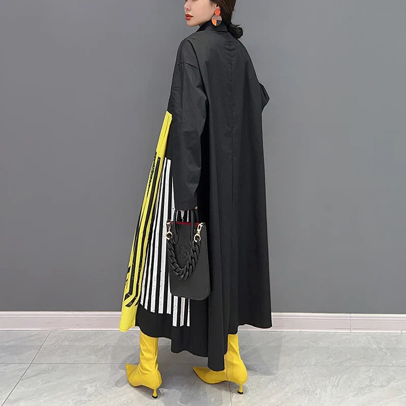 qgtao Big Size Loose Fit Chic New Autumn Woman Long Sleeve Black Blue Print Striped Shirt Dress Korean Style Casual Large Robe JJXD377