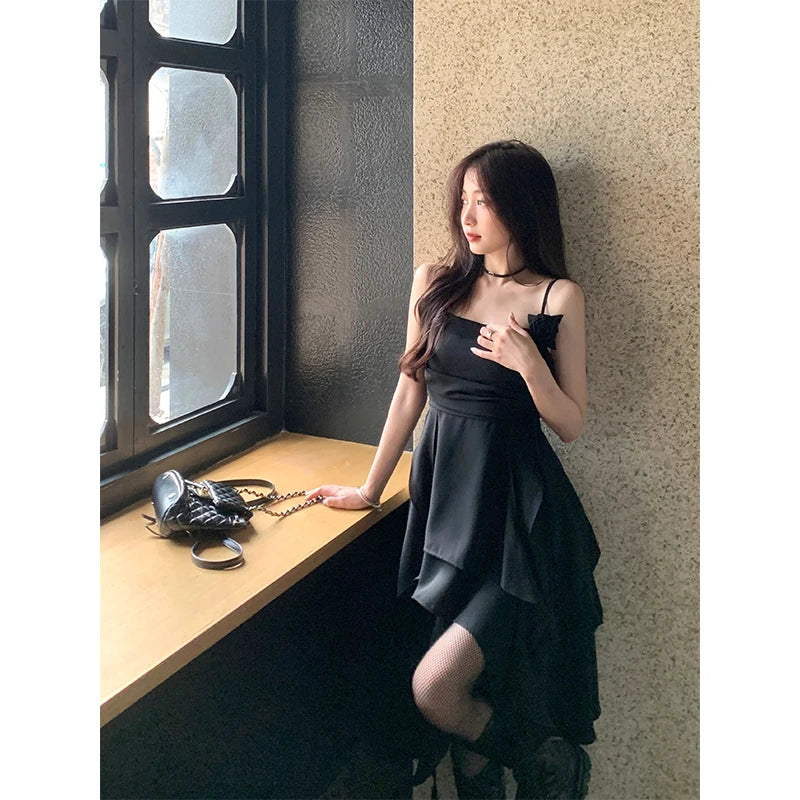 qgtao  Y2K Irregular Midi Dress Women Gothic Black Sexy Strap One Pieces Dresses Korean Party Prom Elegant Bodycon Vestidos New
