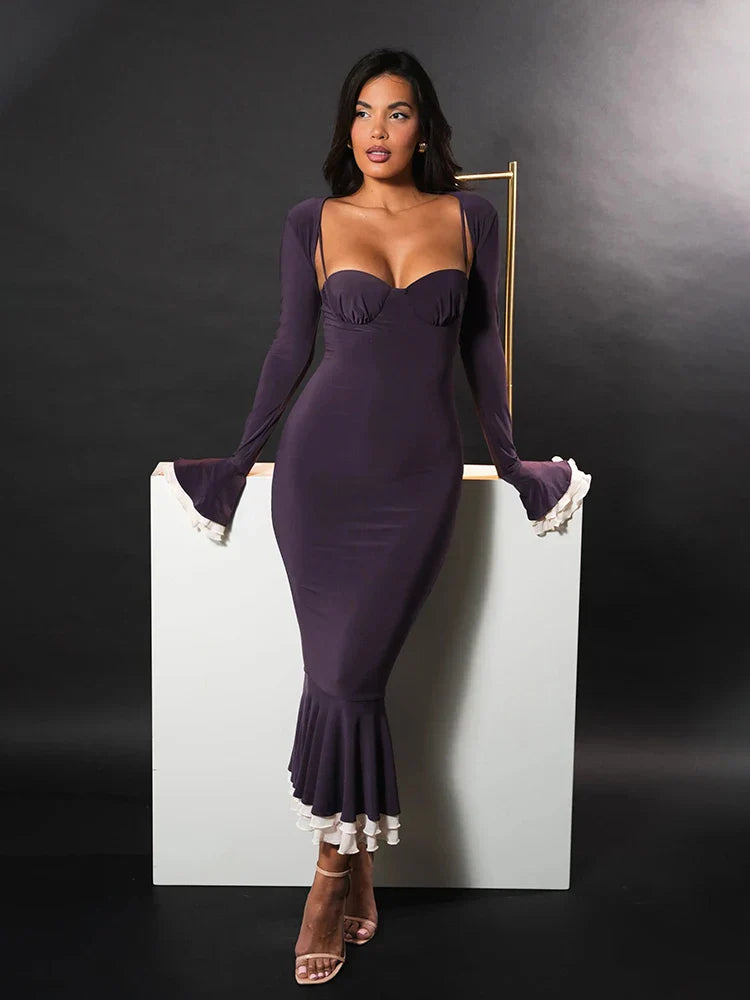 qgtao Elegant Long Sleeve Sexy Maxi Dress For Women Gown Fashion Patchwork Square Collar Bodycon Evening Fishtail Dress