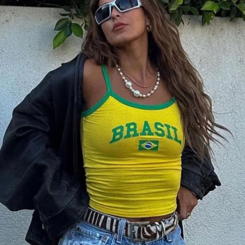 qgtao Women Summer BRASIL Letter Print Crop Tops Fashion Spaghetti Strap Camisole Sleeveless Seamless Underwear Tank Top Female Undies