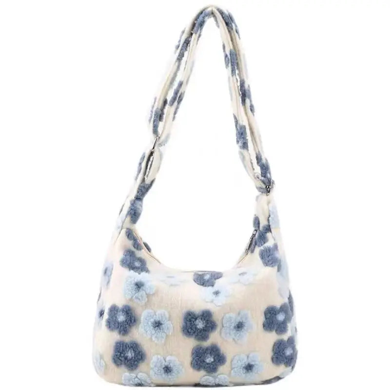 qgtao Autumn Winter Flower Lamb Wool Plush Bag Student Large Capacity Tote Bag Shoulder Bag Women Bag Crossbody Bags for Women