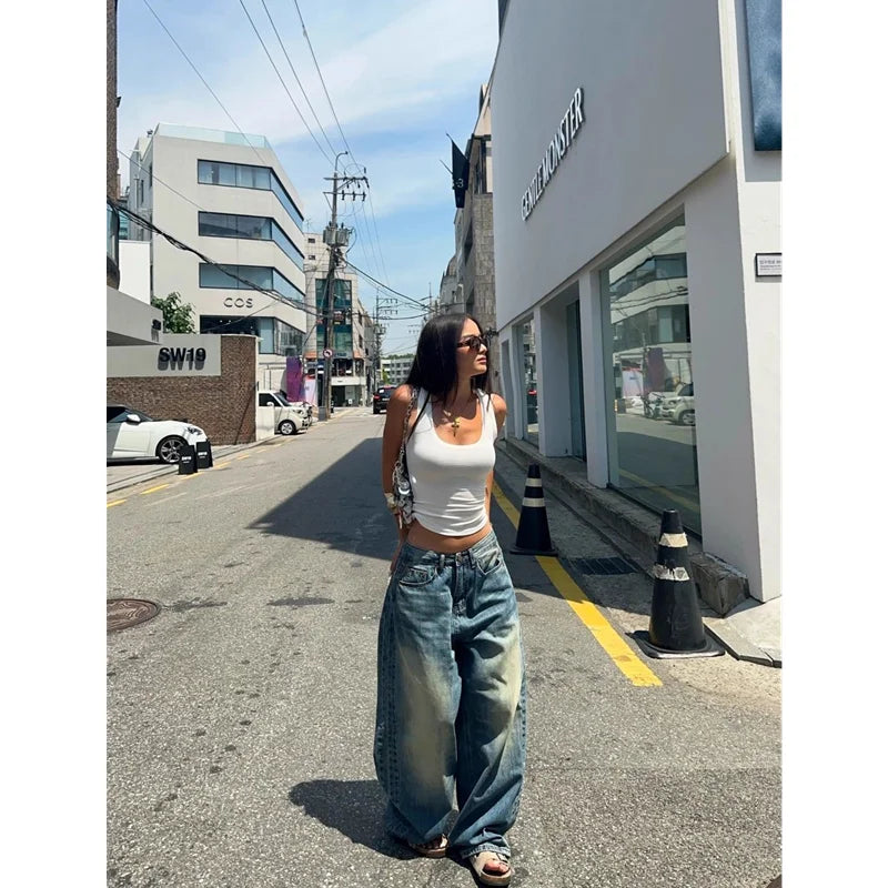 qgtao - Blue Womens Jeans High Waist Vintage Straight Summer Design Sense Denim Pants Streetwear American Wide Leg Baggy Denim Trouser