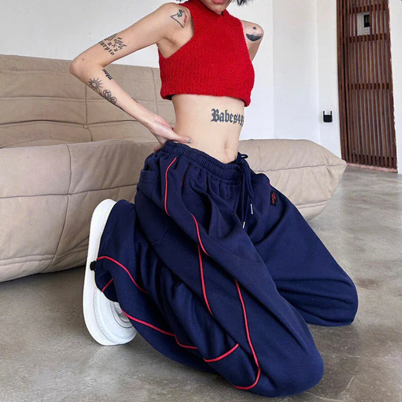 qgtao Vintage Baggy Jogging Striped Sweatpants Women Y2k Harajuku High Street Sport Pants Elastic Waist Straight Casual Trousers