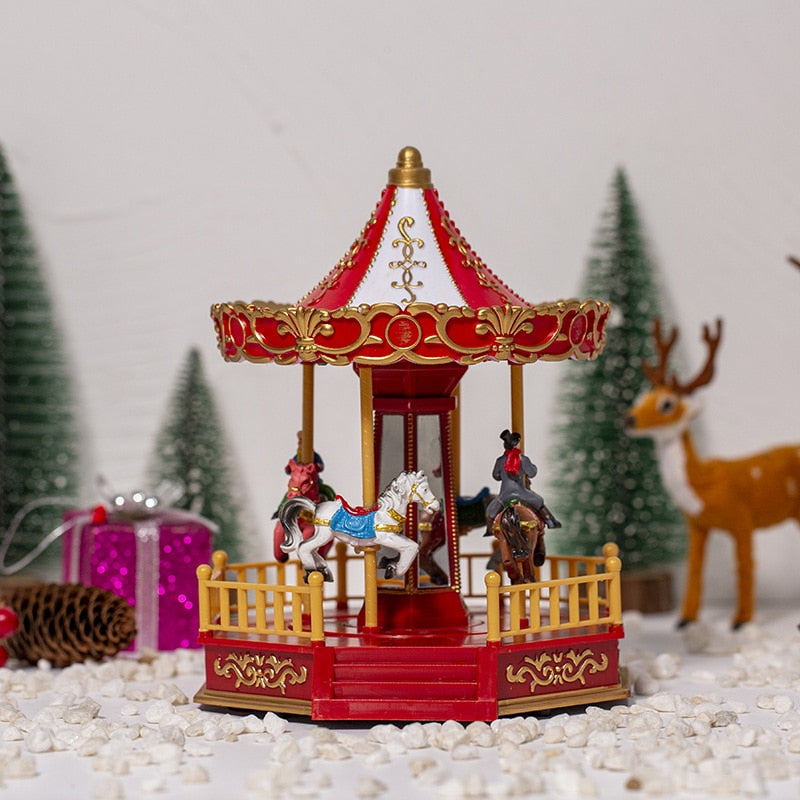 Christmas Decorations LED Glowing Carousel Music House Ornament Rotating Horse Christmas Village Kids Gift Party Xmas Home Decor