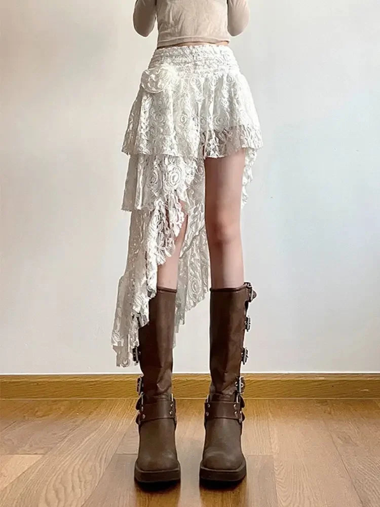 qgtao Lace Irregular Skirts Y2k Aesthetic Bohemian Beach Casual Design Casual Ruffled Fairy Sexy Harajuku Skirts 2024 Spring