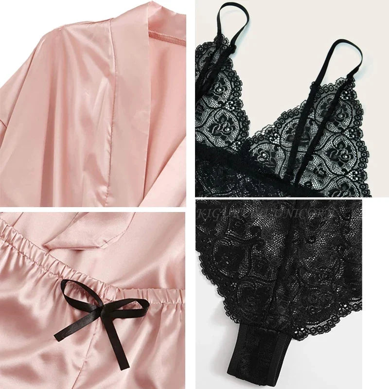 qgtao Woman Sleepwear 4pcs Floral Lace Trim Satin Pajamas Set with Robe Sexy Faux Silk Pijamas Robe Sets Casual Home Clothes Nightwear sleepwear